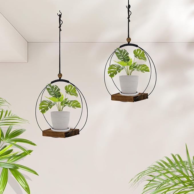 Hanging Planter for Indoor Plants,Plant Hanger with Sturdy Wood Base & Pot, Modern Boho Macrame Plant Hanger,Wall Ceiling Window Stands(2 Pack+Pots)