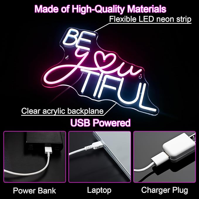 Be You Tiful Neon Led Sign, Rectangular Pink Neon Light Sign, 16.5''*11.6'', Wall Mount, Modern Love Theme, USB Powered, Acrylic Material, Perfect for Room Decor, Salon, Party, Gift