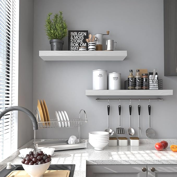 Floating Shelves for Wall- 17 Inch Natural Wood Whtie Shelves for Bathroom, Bedroom, Kitchen Decor, Farmhouse Decor Set of 2