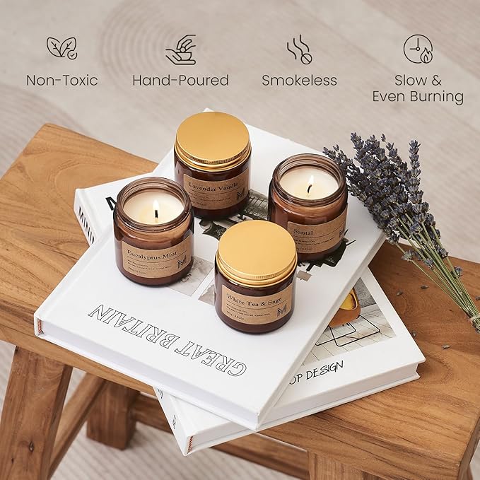 M&SENSE 4 Pack Candles Set for Home Scented Aromatherapy Candle Gift Set for Women Soy Wax Long Lasting Amber Jar Candles Gift for Birthday Housewarming Mother's Valentine Day