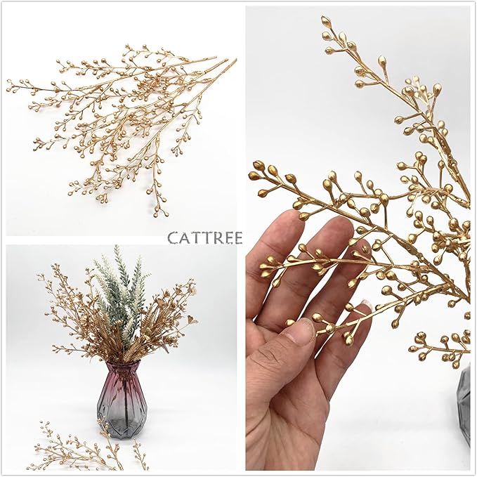 Artificial Golden Berry Stem Decor, Faux Glitter Flowers Stems Branches Plants Fake Berries Sticks Plant for Indoor Wedding Bouquet Party Wreath Crafts Gift Christmas Tree DIY Decoration - Gold 6 Pcs