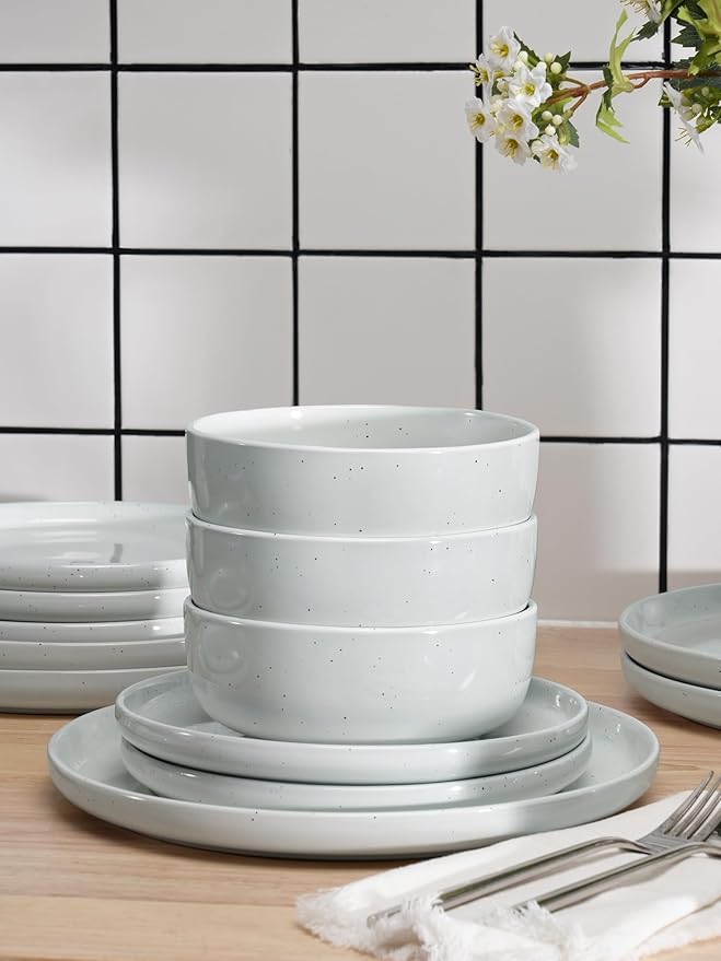 Famiware Dawn Plates and Bowls Sets, 12 Pieces Stoneware Dinnerware Sets, Dishes Set for 4, Microwave and Dishwasher Safe, White