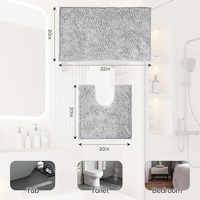 Light Gray Bathroom Rugs 2 Pieces Chenille Bath Rug Mat, Extra Thick and Soft Absorbent Bath Rugs, Machine Washable, Non-Slip Plush Bath Mats for Tub,(Light Gray, 32"x20"+U Shape 20"x20")
