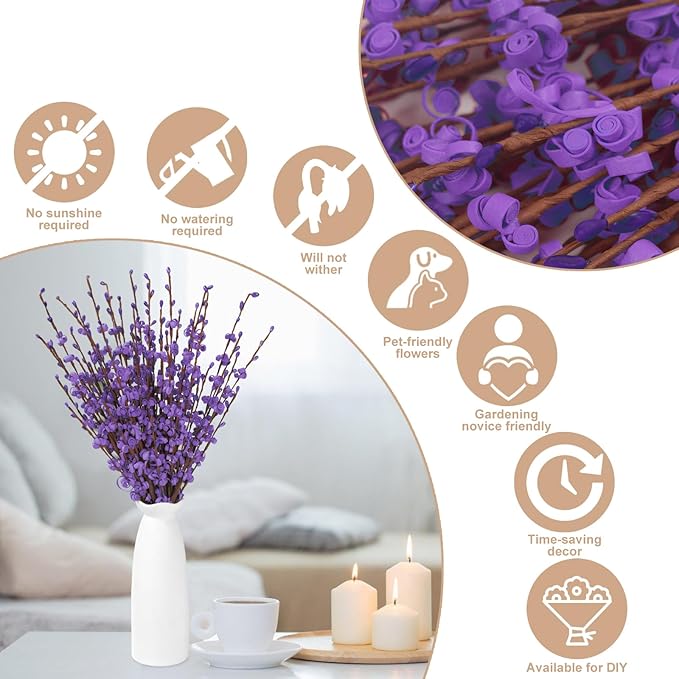 10Pcs 17.5'' Purple Flowers Jasmine Fake Flowers, Faux DIY Floral Art with Pussy Willow Branches for Wedding Bouquets Home Office Table Centerpieces Birthday Halloween Party Decorations
