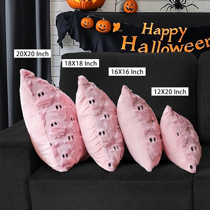 4TH Emotion Halloween Ghost Decorative Pillow Covers 16x16 Set of 2, Pink Soft Plush Faux Fur Farmhouse Throw Cushion Cases for Fall Autumn Holiday Home Decorations