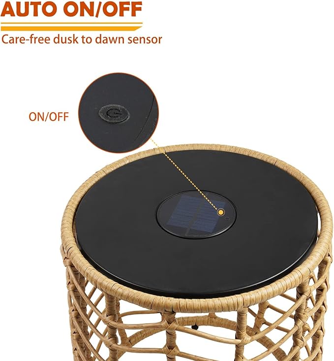 Solar Yard Boho Solar Nesting Tables with Built-in Lights - Set of 2, Weather-Resistant Wicker for Patio, Porch, Garden, Perfect Side Table for Outdoor Living, Natural & Stylish Design