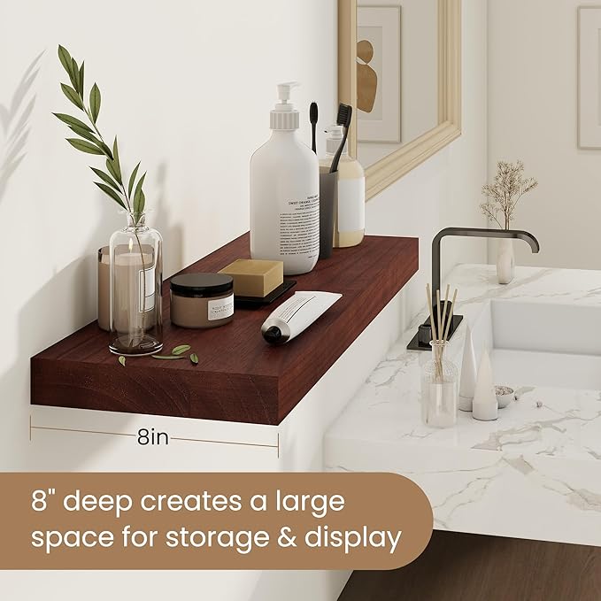 Floating Shelves for Wall, Real Wood Floating Shelf Set of 2, 8 Inch Deep Floating Shelves, Rustic Wood Wall Shelf for Home Decor, Deep Storage Shelves for Bathroom, Kitchen, 16"W x 8"D, Walnut Color