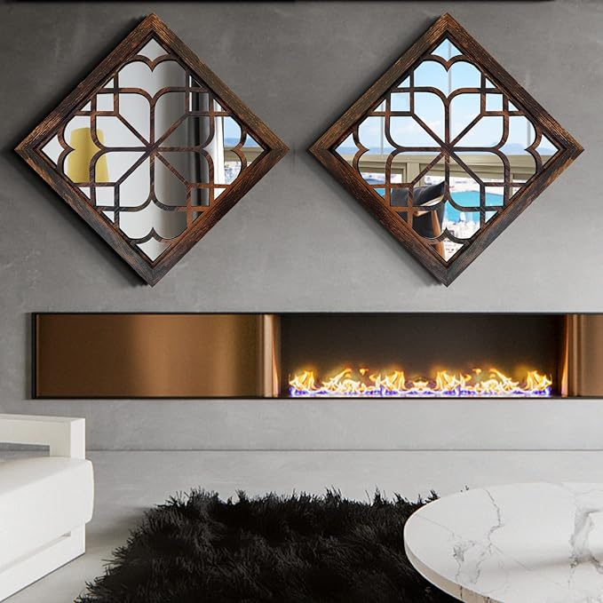 Wocred 20inch 2 PCS Square Wall Mirror,Gorgeous Rustic Farmhouse Accent Mirror, Caramel Color Entry Mirror for Bathroom Renovation,Bedrooms,Living Rooms and More.