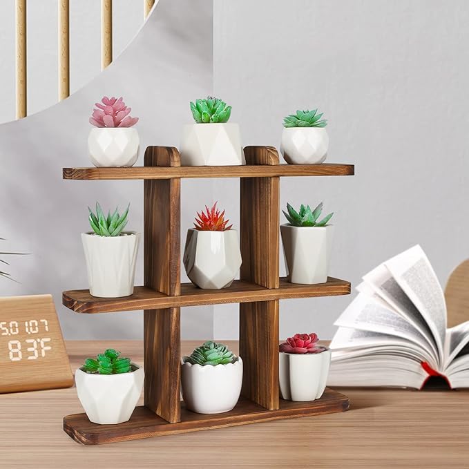 Ufine Wood Succulents Plant Stand Windowsill Plant Display Shelf Small Wooden Plant Stand for Desktop Carbonized Color