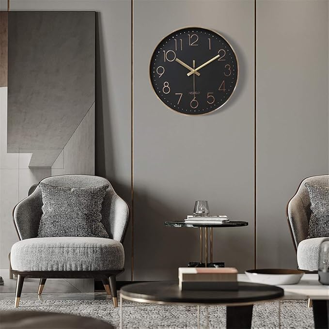 HZDHCLH 12 inch Black Wall Clocks Battery Operated, Small Silent Non Ticking Wall Clock for Living Room Bedroom Kitchen Office Classroom Decor(Black Rose Gold)