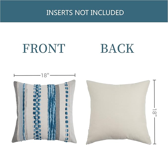 Boho Pillow Covers 18x18 Set of 2 for Couch-Modern Farmhouse Sofa Decorative Blue Throw Pillow Covers Textured Chenille Cushion Covers Outdoor Netural Bohemian Pillow Cases Square