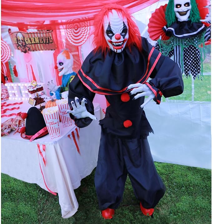 Haunted Hill Farm Life-Size Talking Clown Halloween Animatronic with Touch Activated Lights and Sound, Indoor or Covered Outdoor Scary Halloween Decorations, Battery Operated Fright Props