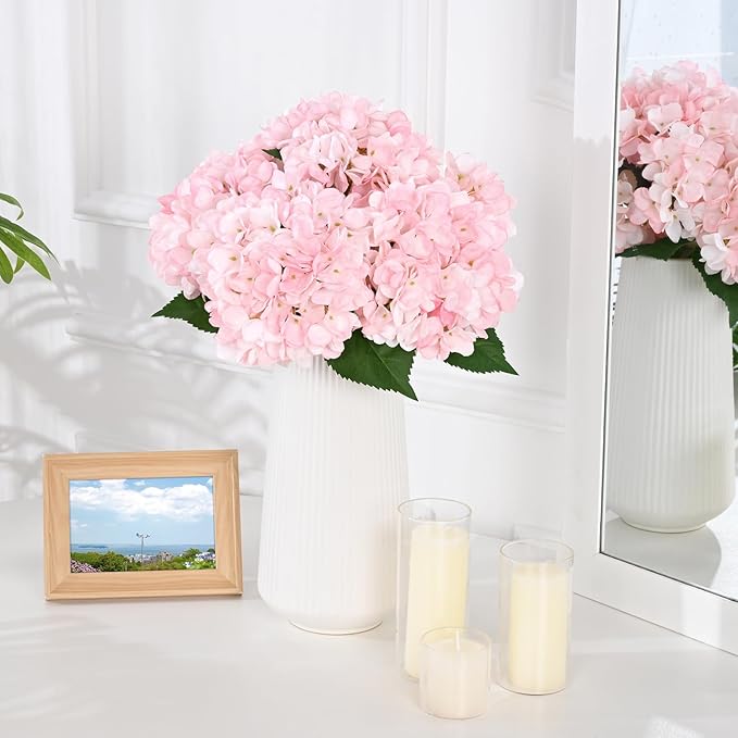 BLEUM CADE 8 Pcs Pink Hydrangea Artificial Flowers with Realistic Stems, 18In Large Fake Pink Flowers, Faux Flower for Home Party Decor Outdoor Wedding Bouquets Table Centerpieces Decoration
