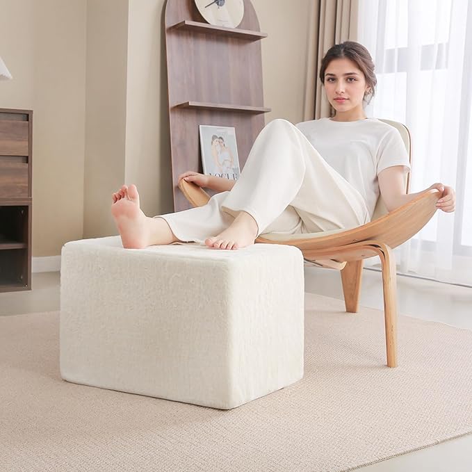 Tiita Square Stuffed Pouf Ottoman, Plush Poufs with Foam Chunk Filling, Foot Rest Stool for Living Room, Cream