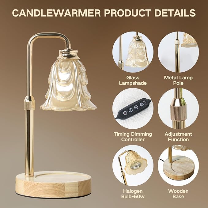 Candle Warmer Lamp with Timer Electric Candle Warmer Lamp Adjustable Height Candle Warmer Dimmable Wax Warmer Lamp Jar Candles with 2 Bulbs for Home Decor & Office