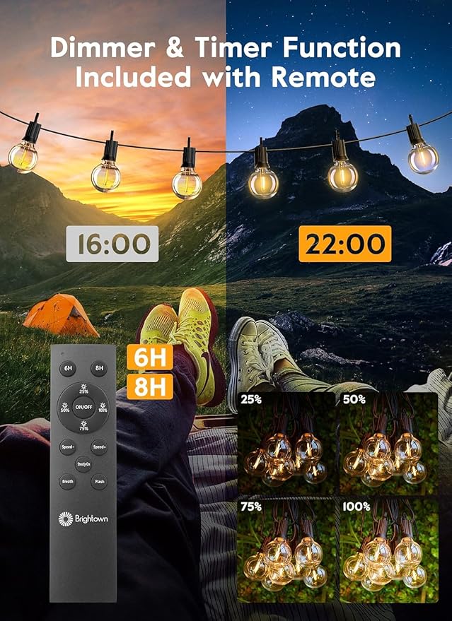 Brightown 38Ft Outdoor String Lights with Remote & 15 Shatterproof LED Bulbs - Waterproof Patio Hanging Lamps for Porch Balcony Bistro Cafe