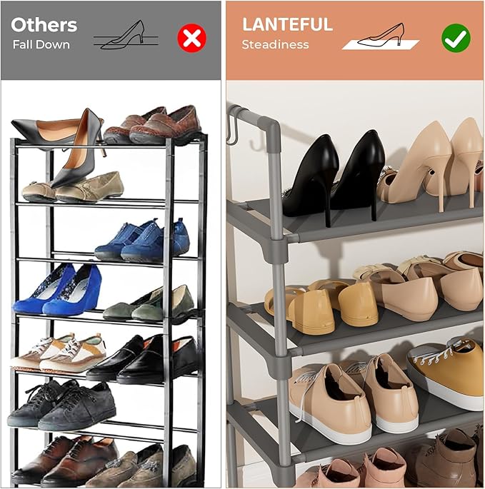 3 Tier Shoe Rack for Closet, Shoe Organizer with 5 Hooks, Long Shoe Shelf Storage for Shoe and Boot Stackable Free Standing Shoe Rack for Entryway, Garage, Small Spaces, Dorm, Grey