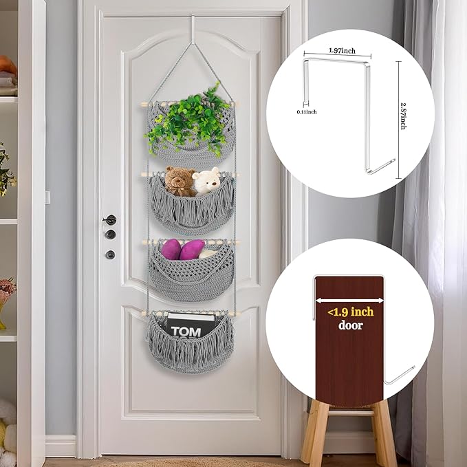 4 Tier Hanging Fruit Basket for Kitchen, 4 Pack Detachable Cotton Crocheted Wall Hanging Baskets Shelf Over Door Organizer for Fruit Veggie Plant, Hanging Storage Basket for Bathroom Bedroom(Gray)