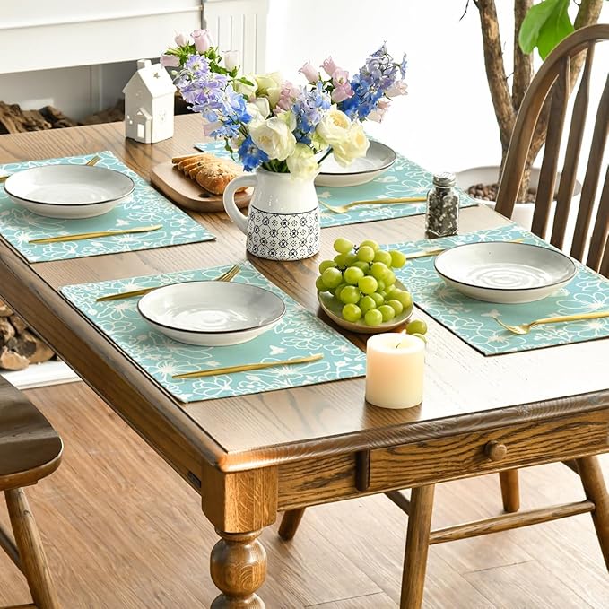 Artoid Mode Blue Bloom Flowers Summer Placemats Set of 4, 12x18 Inch Seasonal Spring Table Mats for Party Kitchen Dining Decoration