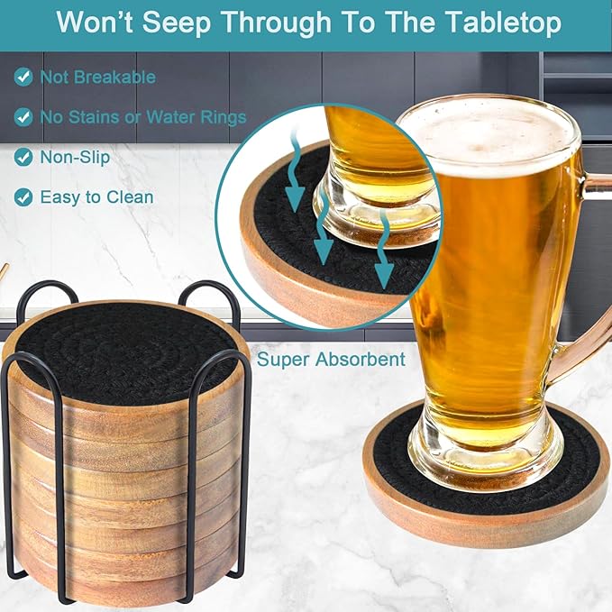 Wood Coasters for Drinks, Absorbent Coaster Sets of 8, Woven Drink Coasters for Coffee Table, Housewarming Gift for Farmhouse Home Decor,4.3 inches Black
