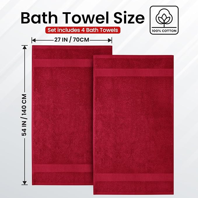 Infinitee Xclusives Luxury 100% Ring-Spun Cotton Bath Towels Set of 4 (27x54 inches) – Soft, Absorbent & Quick-Drying Towels for Bathroom, Gym, Spa & Hotel Use (Intimate Red)