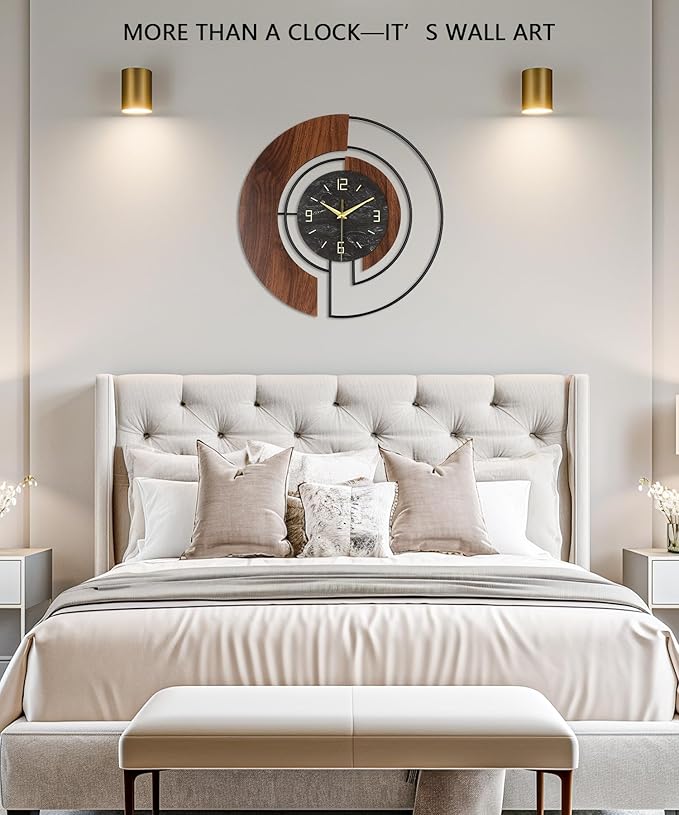 Modern Large Wall Clock - 24” Silent Battery Operated Decorative Clock with Wood and Metal Frame, Non-Ticking for Living Room, Office, Bedroom, or Entryway Wall Decor