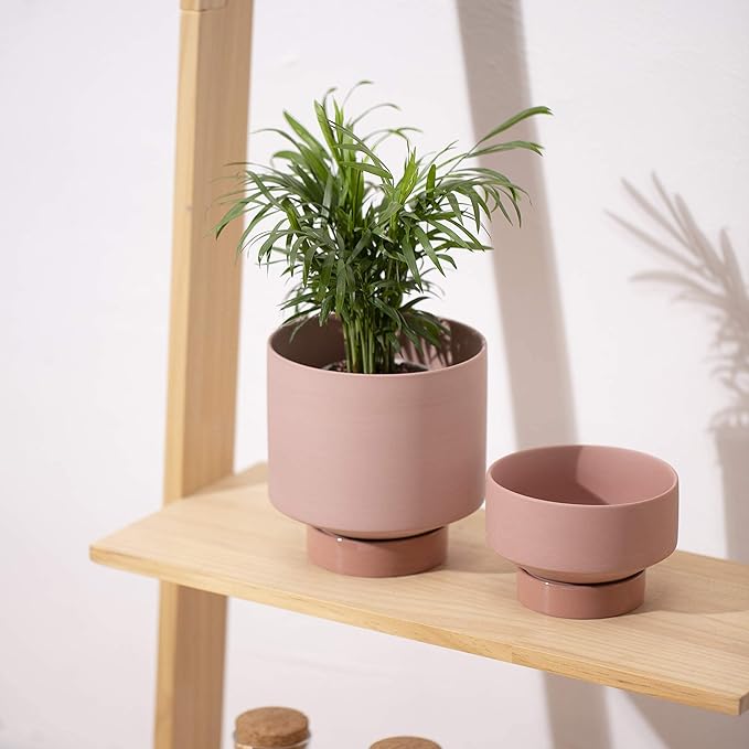 UBEE Ceramic Plant Pots for Plants Indoor Flower Planter 5.43 Inches and 4.61 Inches Succulents Basket with Drainage Hole Saucer Set of 2, Terracotta