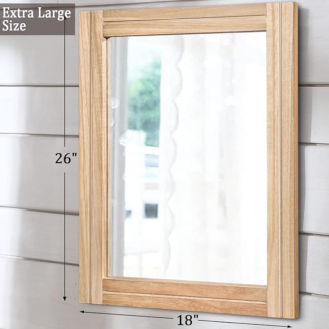AAZZKANG Rustic Mirrors for Wall with Rectangular Wood Frame Decorative for Farmhouse Bedroom Bathroom Living Room Home Office Large 26"x18"
