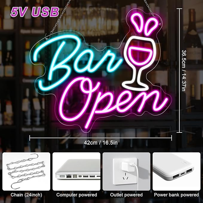 Bar Open Signs for Business, 16.5"X 14.3" Dimmable LED Neon Open Sign Powered by USB with ON/OFF Switch, Bright High Visibility Light Up Neon Sign for Home Beer Club Party Gift