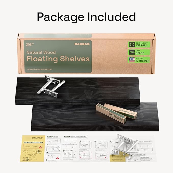 BAOBAB WORKSHOP Wood Floating Shelves for Bathroom Wall - Black Shelf 24 inch - Solid Wood Shelves for Wall for Bedroom Kitchen Living Room - Black Floating Shelves - 24 x 6.7 Inch, Set of 2