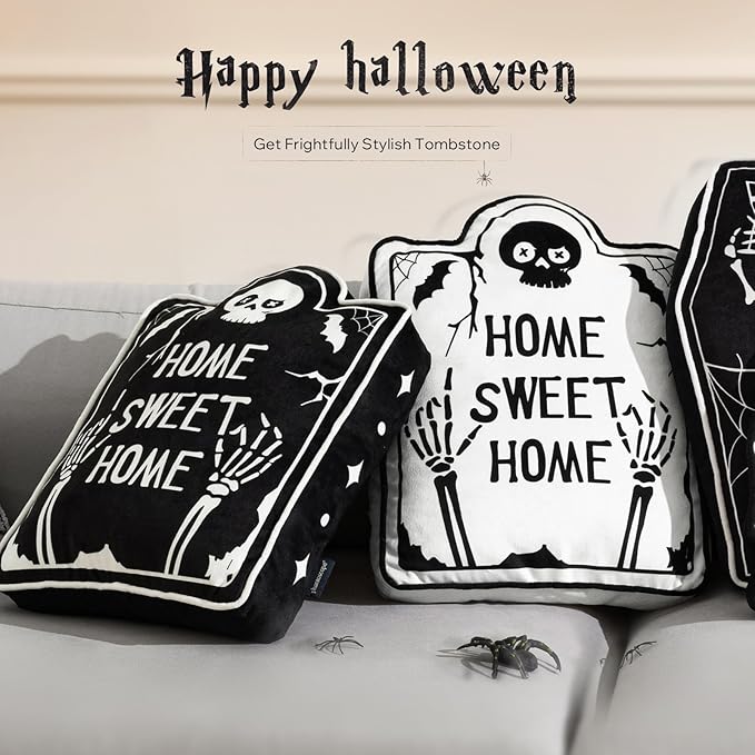 Phantoscope Happy Halloween Shaped Throw Pillow, Tombstone Shaped Pillow with Piping, 3D Soft Velvet Skull Halloween Pillow Decorative Cushion Pillow for Couch, White, 18 x 13.5 inch
