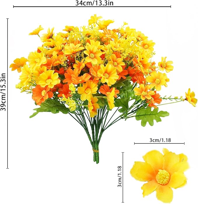 Uieke 12 Bundles Artificial Flowers for Outdoors UV Resistant Fake Daisy Mums Flowers Bulk No Fade Greenery Shrubs for Outside Home Wedding Window Box Garden Porch Fall Décor (Orange Yellow)