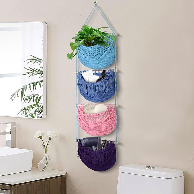 4 Tier Hanging Fruit Basket for Kitchen, 4 Pack Detachable Cotton Crocheted Wall Hanging Basket Over Door Organizer for Fruit Veggie Plant, Hanging Shelves for Bedroom Bathroom (Mixed Color)