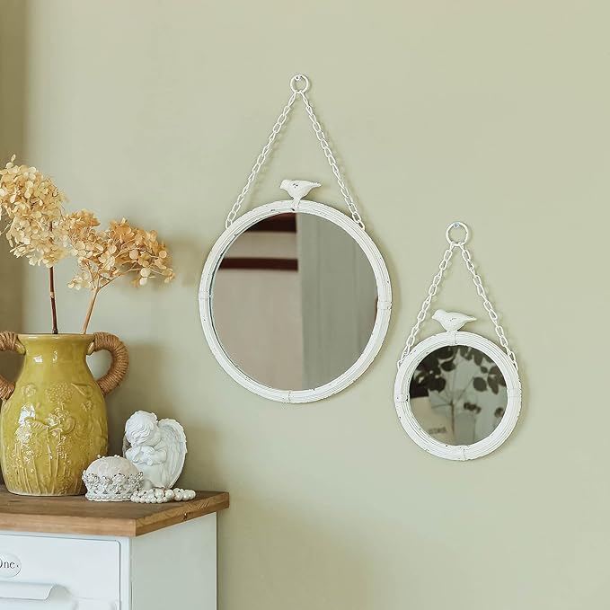 NIKKY HOME 11 Inch Decorative Small Hanging Mirrors Vintage Rustic Round Metal Framed Wall Mounted Mirror Decor with Bird for Bathroom Living Room Office, Rustic White