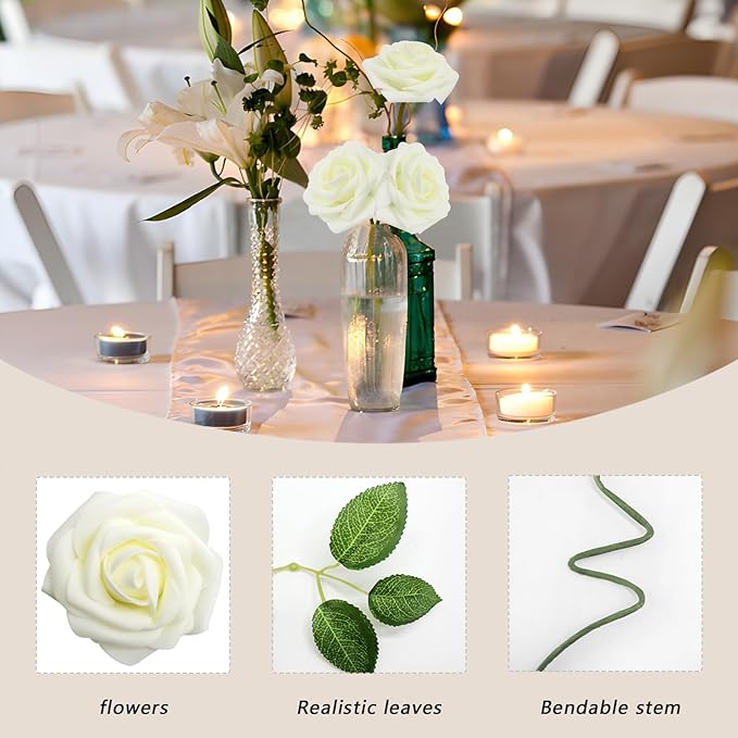 200PCS Milk White Artificial Flowers Roses Real Looking Foam Fake Roses with Leaves for DIY Wedding Bouquets Bridal Shower Party Decorations (Ivory, 200)