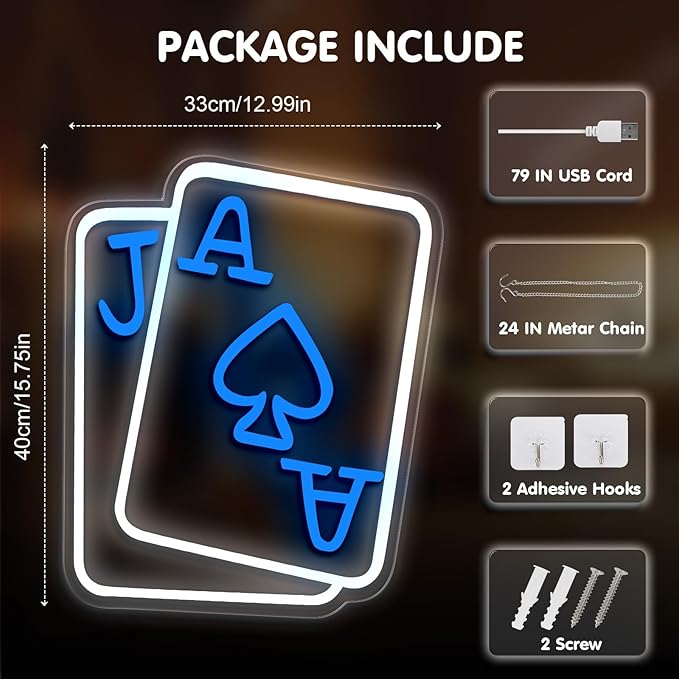 Playing Cards Neon Signs for Wall Decor, Poker Adjustable Led Neon Light, Blue White Usb Light Sign for Bedroom Casino Bar Hotel Play Room Birthday Party Decor