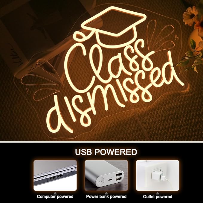 NOSUN Class Dismissed Neon Sign Class Neon Signs for Wall Decor, Warm White LED Signs for Classmates friends family, USB Neon Word Sign for Party Club Light Up Sign, The best gift for graduating friend