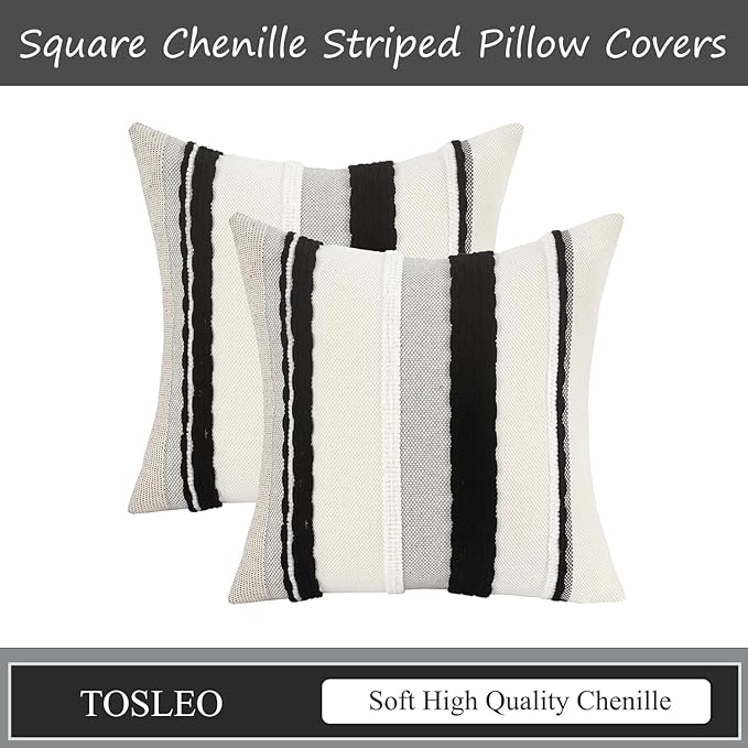 Tosleo Boho Throw Pillow Covers 18x18 Set of 2 Striped Decorative Pillow Cases Accent Chenille Pillowcases Farmhouse Cushion Case Bohemian Nuetral Textured Pillow Cover,Black and White