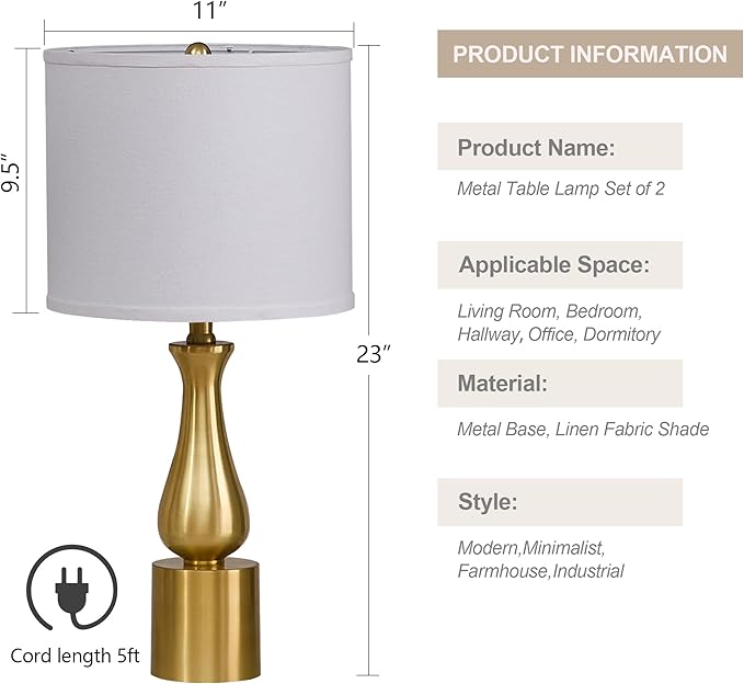 23" Modern Gold Lamps Set of 2 for Bedroom, Minimalist Gold Table Lamps for Living Room Set of 2, Small Gold Table Lamps for Nightstand Set of 2, with White Linen Drum Lampshade for Home Office