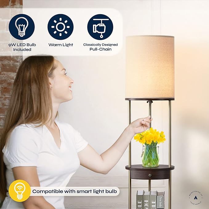 ATAMIN 63" LED Floor Lamps for Living Room, Display Shelf for Collectibles, Room Storage Shelf with Drawer, Corner Lamp for Bedroom, Floor Lamp with Shelves