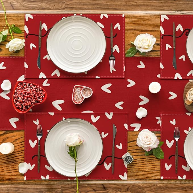 Artoid Mode Red Love Hearts Placemats Set of 4, 12x18 Inch Seasonal Anniversary Holiday Table Mats for Party Kitchen Dining Decoration
