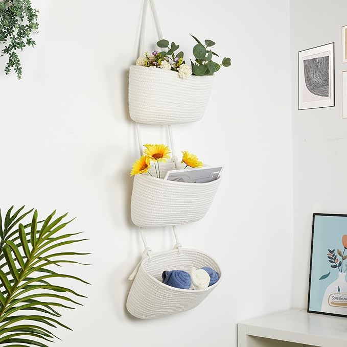 DULLEMELO Hanging Wall Baskets for Decor, 3-Tier Hanging Basket Organizer for Kitchen, White Woven Storage Basket with Door Hooks for Toy Storage