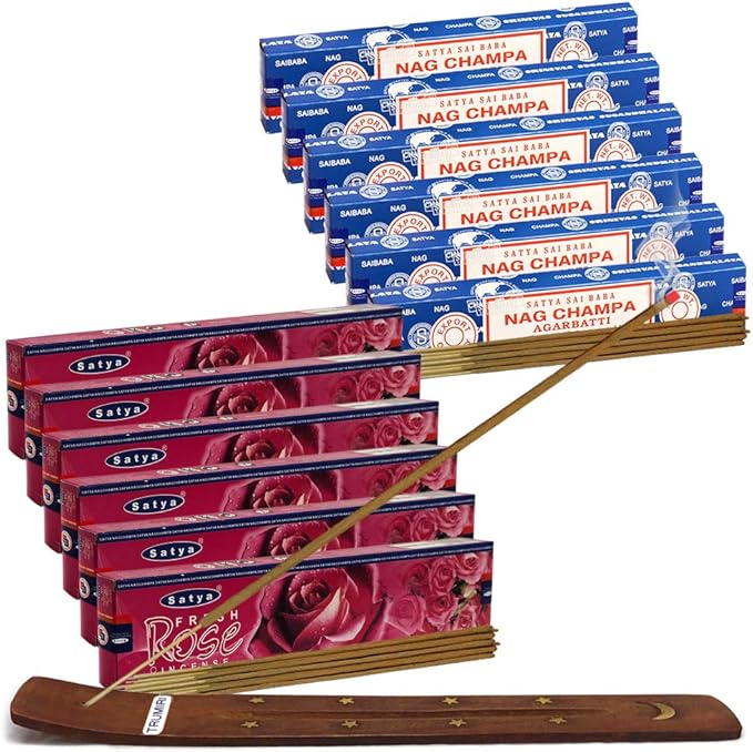 Nag Champa Incense Sticks and Fresh Rose Incense Sticks with Incense Holder Bundle for Home Fragrance and Spiritual Décor