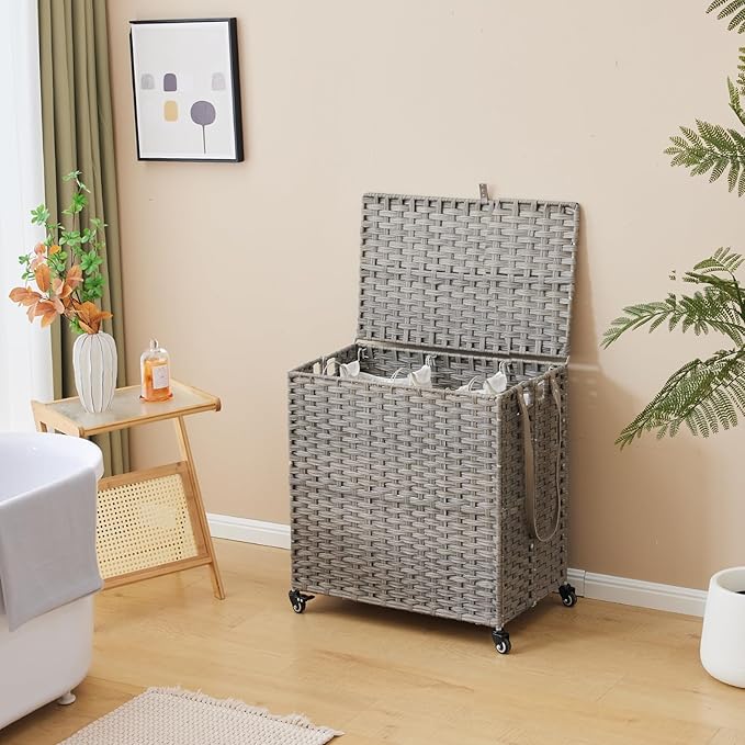 Laundry Hamper with Wheels, 39.6 Gallon(150L) Rolling Laundry Basket with Lid, 3-Section Rattan Clothes Hamper with 3 Removable Liner & 3 Mesh Bags, Laundry Sorter with Side Pocket, Grey