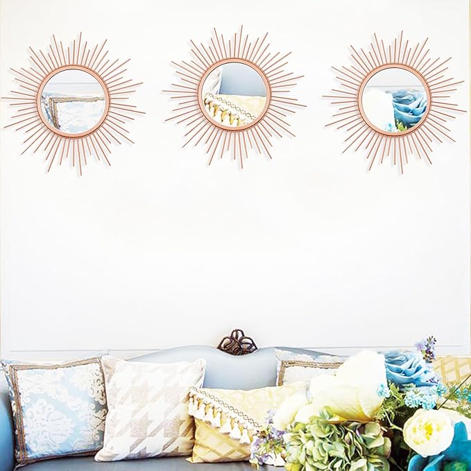 3 Pack Metal Mirrors for Wall Sunburst Wall Mirrors Home Décor Decorative Hanging Wall Art for Living Room Bedroom Entryway (Rose Gold, Sunburst)