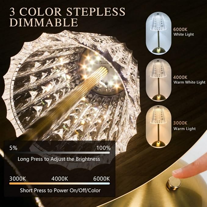 Crystal Table Lamp,5000mAh Rechargeable Cordless Lamp, Battery Operated Touch Light with 3 Color Modes, Dimmable Brightness, Modern Matte Aluminum Body for Bedroom, Bar, Outdoor Decor, Kitchen, Gift