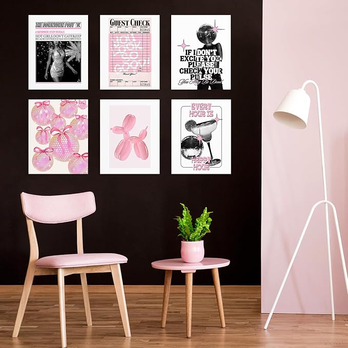 Habseligkeit Pink Fashion Wall Art Prints, Trendy Cute Wall Art Posters for Room Decor Aesthetic, Unique Room Decor for Girls Dorm, Unframed, 11x14in, Set of 6