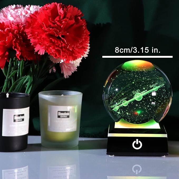 Ornalrist 3.15" K9 Crystal 3D Solar System Ball with Black LED Colorful Lighting Touch Base, Engraving Solar System Star Planet Model Decor, Science Universe Astronomy Gifts for Astronomy Lovers