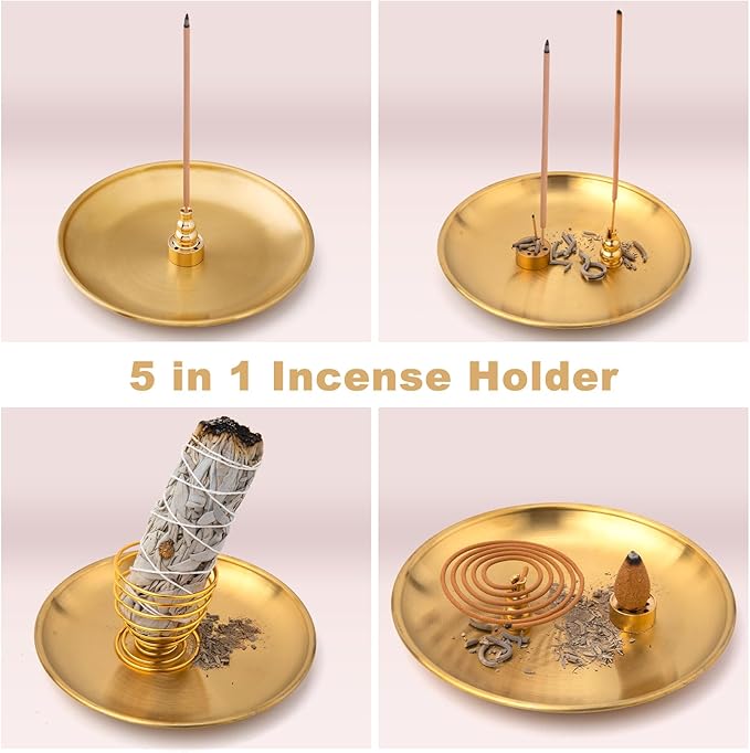 OIIKI 5 in 1 Incense Burner, 5.5 Inch Incense Holder, Brass Incense Holder for Incense Sticks Coil Incense Incense Cones, Alloy Cone Ash Catcher for Yoga Room