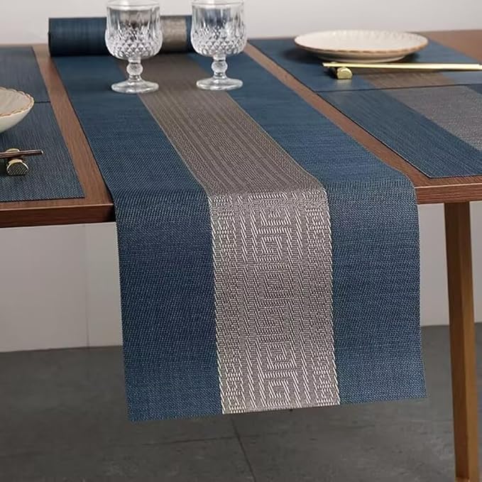 Placemats with Table Runner Set Place Mats, Woven Crossweave Placemat Vinyl Kitchen Tablemat, Washable PVC Table Mats for Dining Table, Parties, Farmhouse, Thanksgiving, Christmas & Gathering (Blue C)